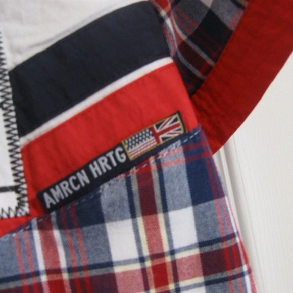 Denim Distillery Mens Short Sleeve Patchwork Plaid Shirt sz L Red White Blue - Picture 7 of 11